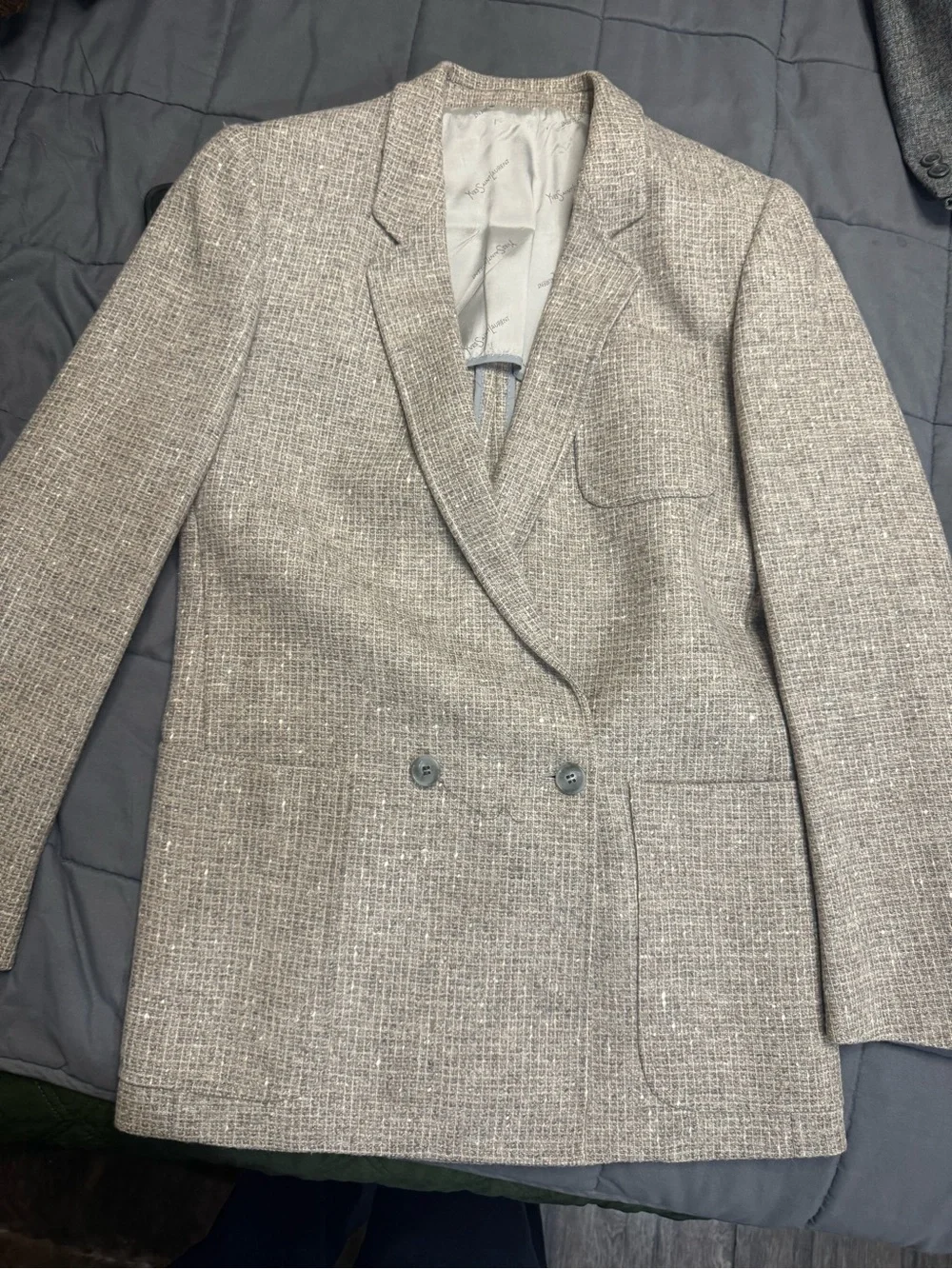 Mens Double-Breasted Tweed Blazer Jacket in Light Graye